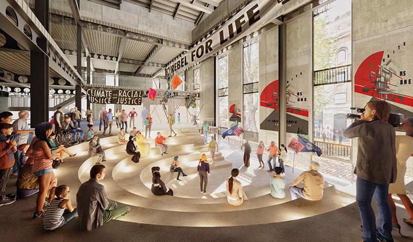 Student Nikola Asojana's concept for an activist hub 'Ground for Change' which shows a forum space in Bristol where members of the public can meet