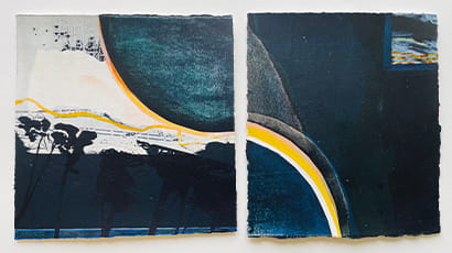 A silkscreen artwork titled 'There is light at the end of the tunnel' in blue, black, yellow, orange and white.