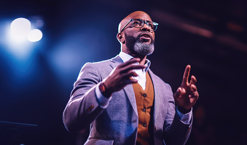 A man in a grey suit gesturing as he presents on stage against a black background and spotlight.