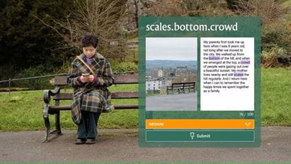 Woman sat on a park bench looking at mobile phone with a what3words mock up alongside.