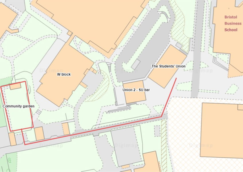 A Frenchay Campus map showing how to get to community garden from the Students' Union.