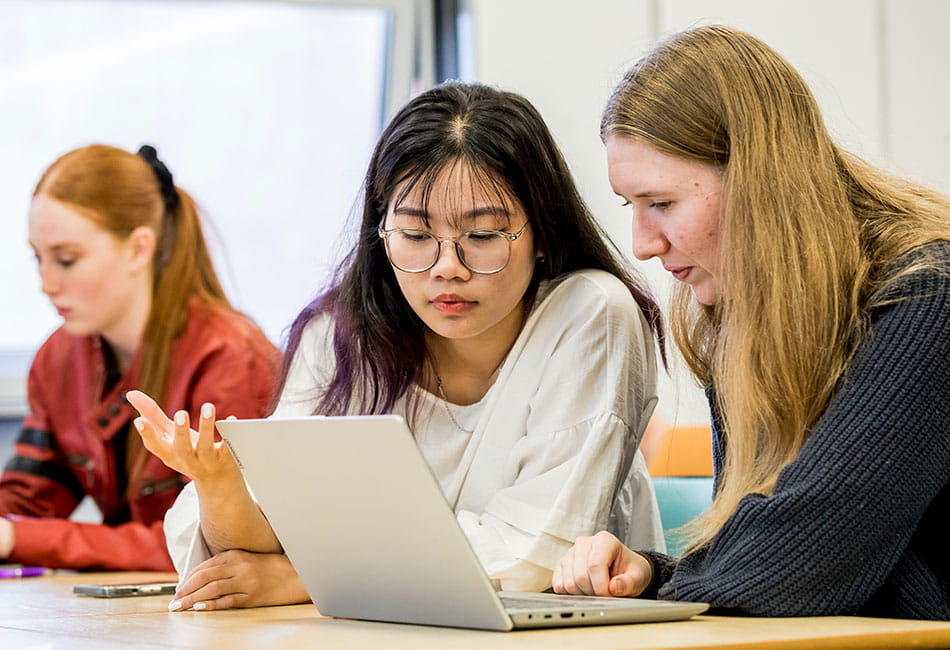 Two students deep in discussion over a laptop with another student student studying in the background.