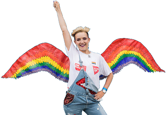 Young woman with rainbow wings celebrating Pride 