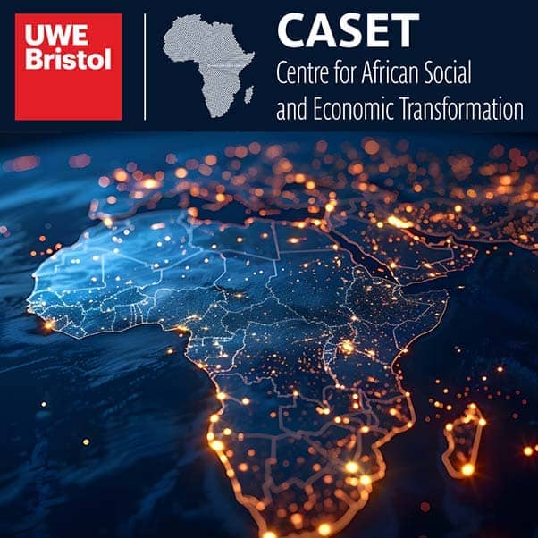 Satellite view of Africa at night with CASET UWE Bristol logo at the bottom