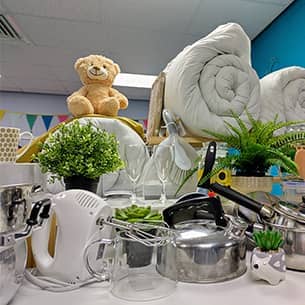 An example of items available from the Sustainability Hub, including pots, pans, small electricals and duvets.