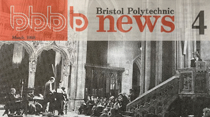 Front cover of newspaper Bristol Polytechnic News, showing a black and white photo of a graduation ceremony.