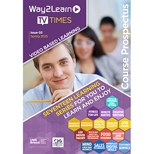 Way2Learn course prospectus cover featuring a smiling young man on the cover
