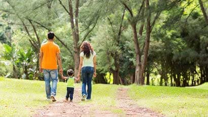 Parents holding a toddlers hand walking along a country path towards woods.