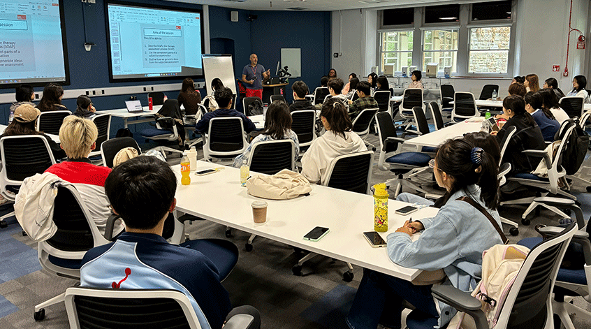 An International Summer School class, watching a lecturer at the front of the large, bright classroom.