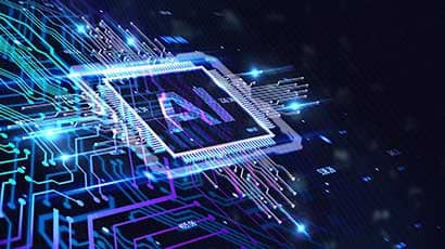 Digitally generated illuminious circuit networks spreading out from AI which is framed in a box.