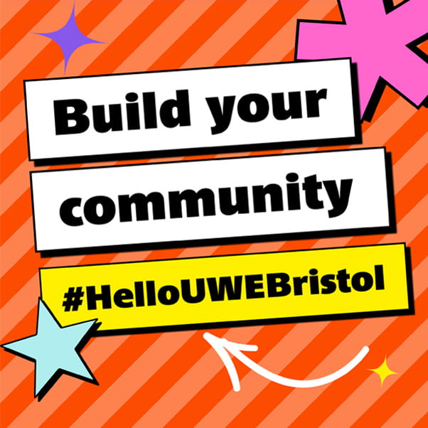 Graphic for Welcome Week with text 'Build your community' against an orange striped background.