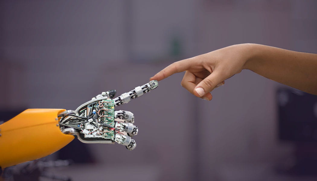 Robot and human index fingers touching