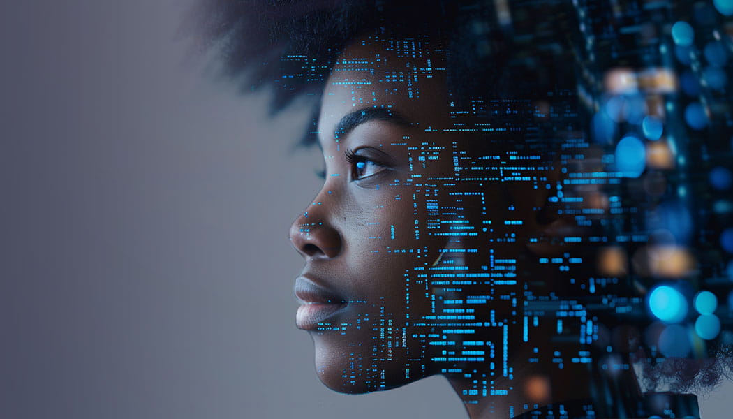 Abstract image with programming code superimposed over female's face and hair