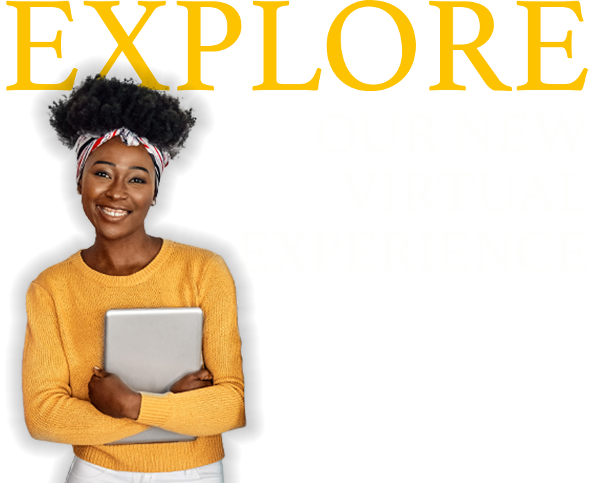 Banner for UWE Bristol's new virtual experience with student smiling and text above stating 'Explore our new virtual experience'.