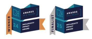 Logos for the inclusivity impact awards showing winner for 2024 and finalist for 2025