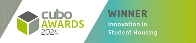 Cubo awards 2024 banner stating "winner - innovation in student housing"