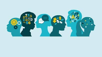 An illustration of silhouettes and their brain activity showing how different people think.