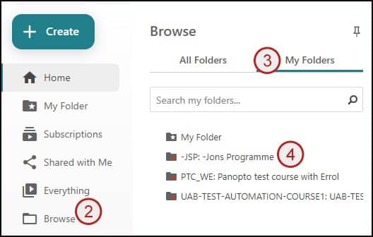 Screenshot of steps 2, 3 and 4: browse, my folders and select folder.