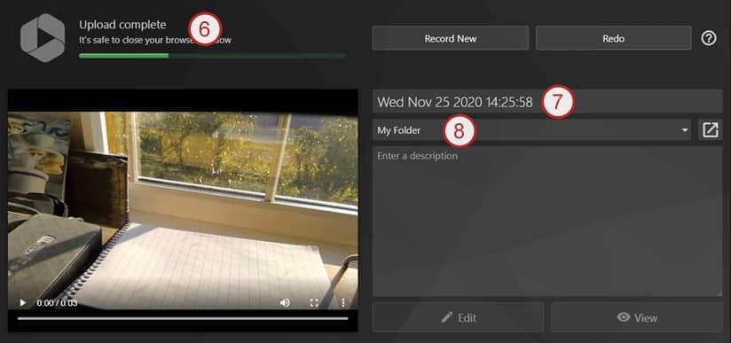 Screenshot: steps 6, 7, 8 upload recording.