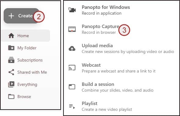 Screenshot showing steps 2 and 3: create button and panopto capture option.