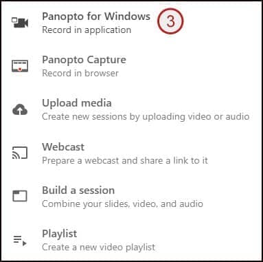 Screenshot showing step 3: Panopto for Windows