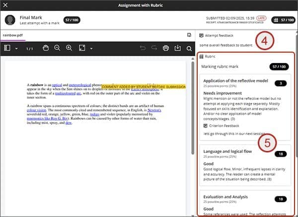 Screenshot showing steps 4 and 5 of Blackboard rubrics.