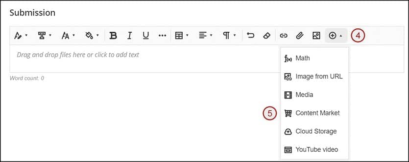 Screenshot of steps 4 and 5: create plus icon, choose content market from drop down.