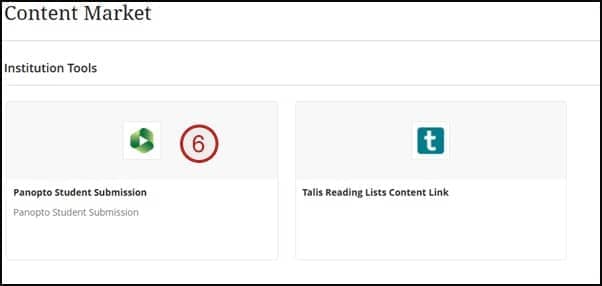 Screenshot of step 6: content market, panopto student submission.
