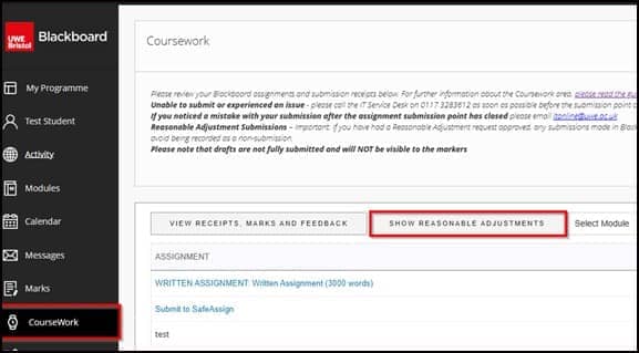 Screenshot highlighting button: show reasonable adjustments.