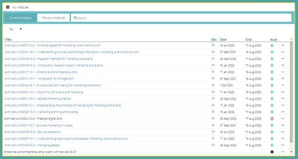 Screenshot showing previous modules in My Modules