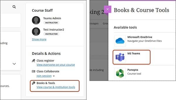 Screenshot highlighting location of books and tools menu and MS Teams option.