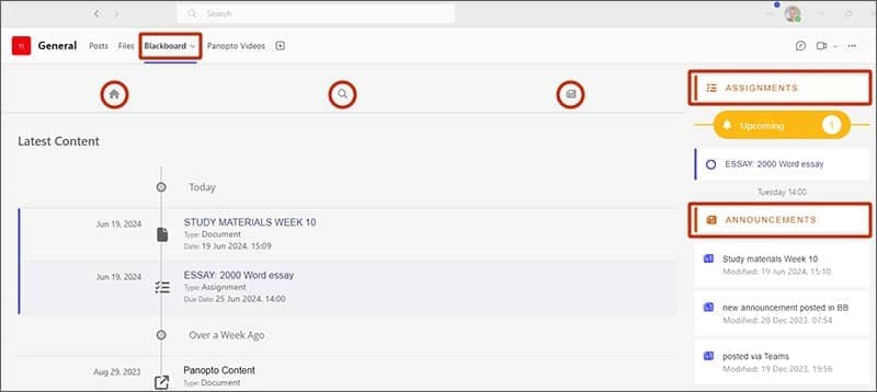 Screenshot highlighting location of Blackboard tab in teams, assignments and announcements.