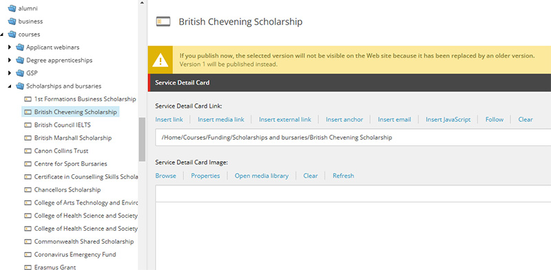 A screenshot showing card link fields in the service detail card component.