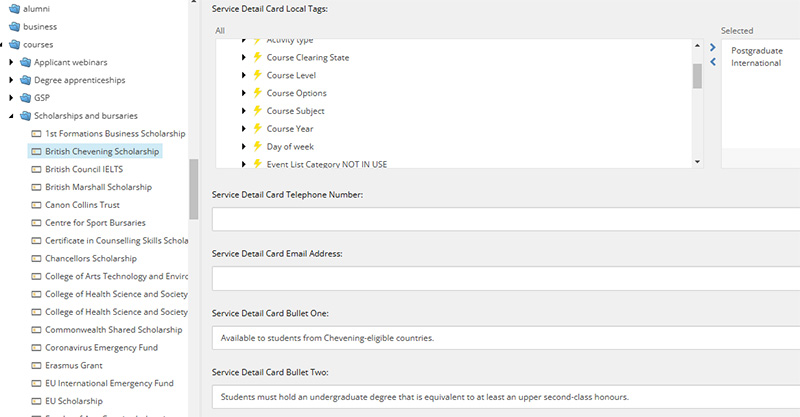 A screenshot showing card bullet and contacts fields in the service detail card component.