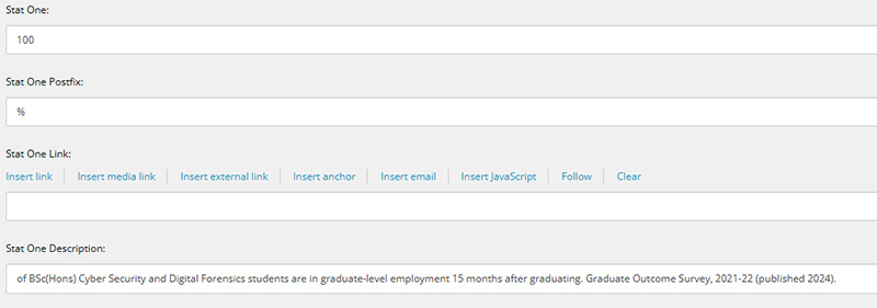 Screenshot showing the fields within a stat section component in content editor view.