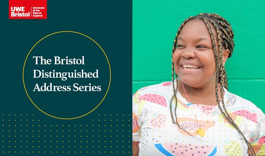 The image is split in half with the left side showing a logo and text and the right side is a picture of a woman stood in front of a green wall. 