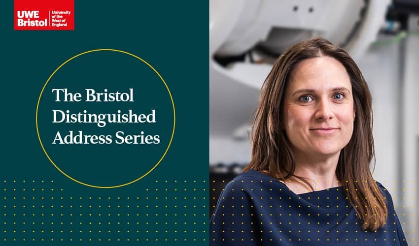 The image is split in half, the left side is a graphic design with a logo and gold circle with text in and on the right hand side is a headshot of a woman. 