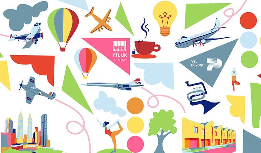 A colourful, abstract collage featuring various transportation and lifestyle elements. The design includes vintage airplanes, a modern passenger jet, and a Concorde-style aircraft.