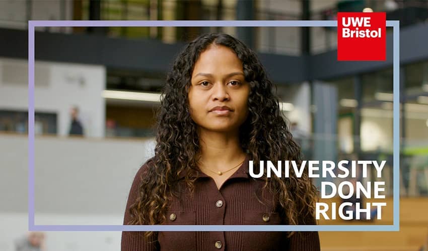 A woman looking directly at the camera stood in a university building with branded graphics over the top of the image. 