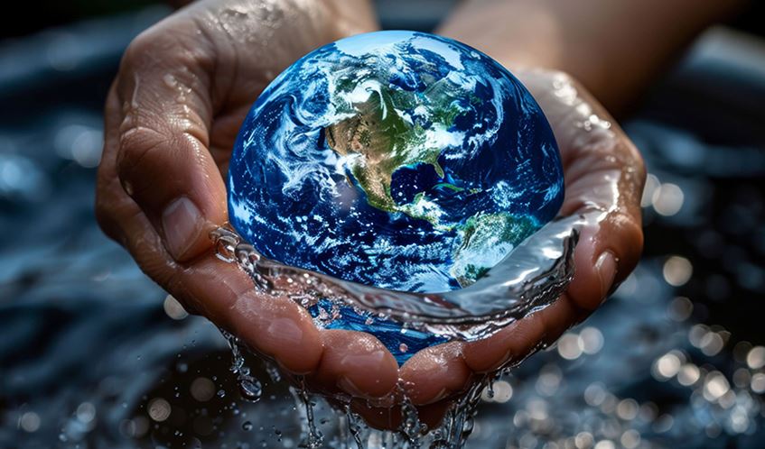 Someone holds the world in their hands in a pool of water