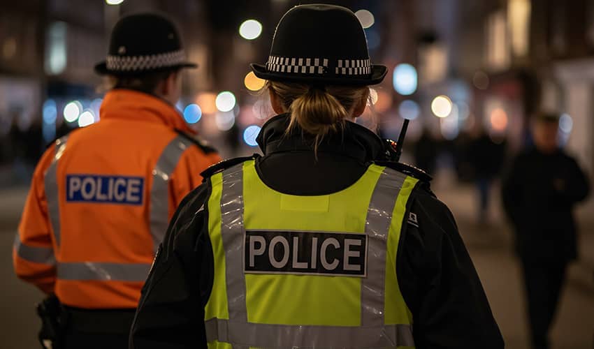 The back of two police officers walking down a street at night. One is wearing an orange high vis jacket, the other is wearing a yellow high vis jacket.