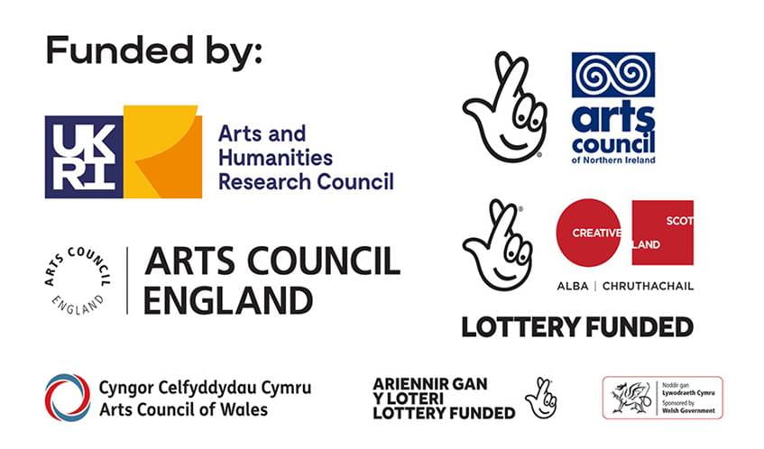 The image shows the logos of the various different organisations funding the Immersive Arts project