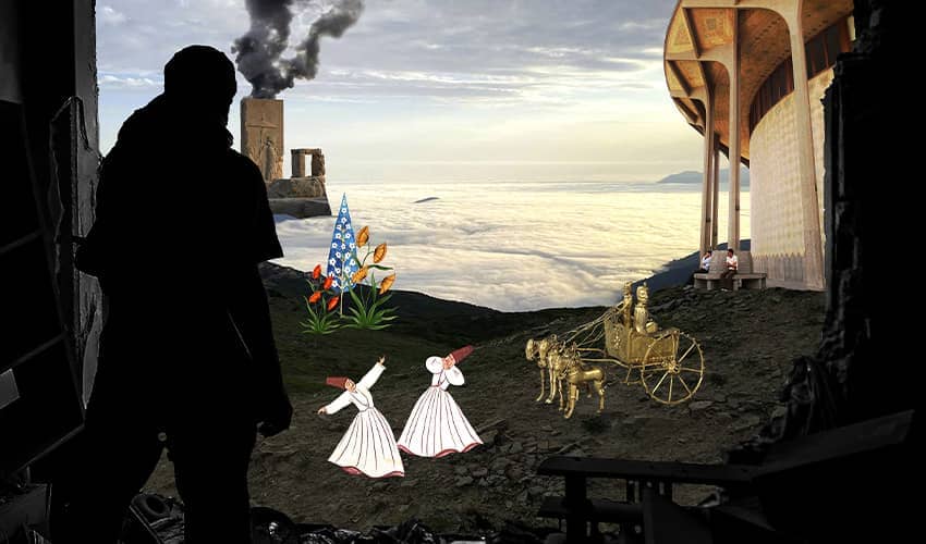 A man stands overlooking a landscape scene with figures in the foreground and a horse-drawn chariot.