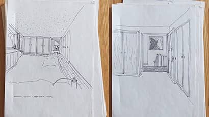 Sketches in pencil showing bedroom designs from Project Co-Lead Dr Annie Bellamy’s doctoral thesis ‘Designing dying well: towards a new approach to the co-production of palliative care environments for the terminally ill’
