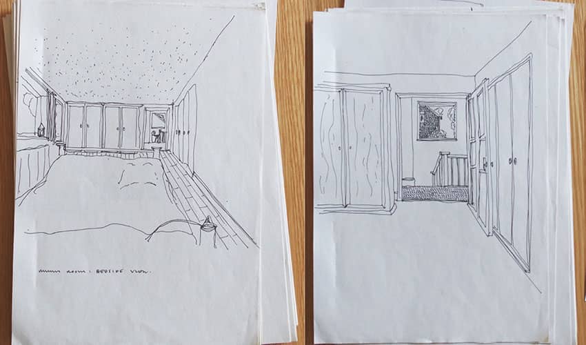 Sketches in pencil showing bedroom designs from Project Co-Lead Dr Annie Bellamy’s doctoral thesis ‘Designing dying well: towards a new approach to the co-production of palliative care environments for the terminally ill’
