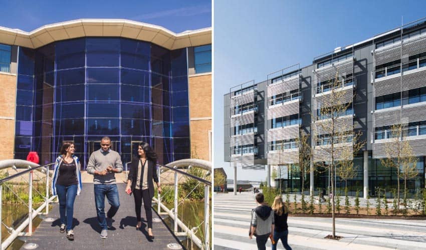 Collage image showing three people outside Cranfield University in one image, and two people walking past a building at the UWE Bristol Frenchay campus in the other image
