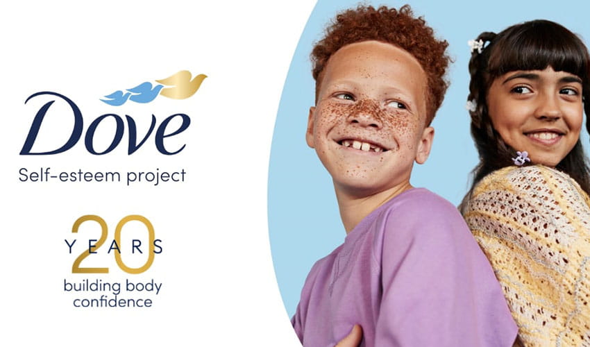 A graphic which shows the Dove logo alongsisde a smiling boy in a purple top back to back next to a smiling girl in a beige knitwear