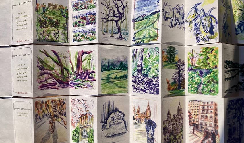 A concertina book is laid out on a table displaying artist drawn images of nature.