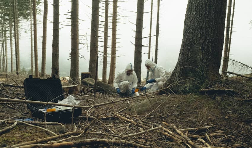 Two scientists wearing white protective hooded suits conduct tests in a forest.