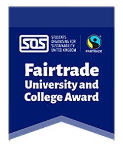 Logo in dark blue with white text 'Fairtrade University and College award'
